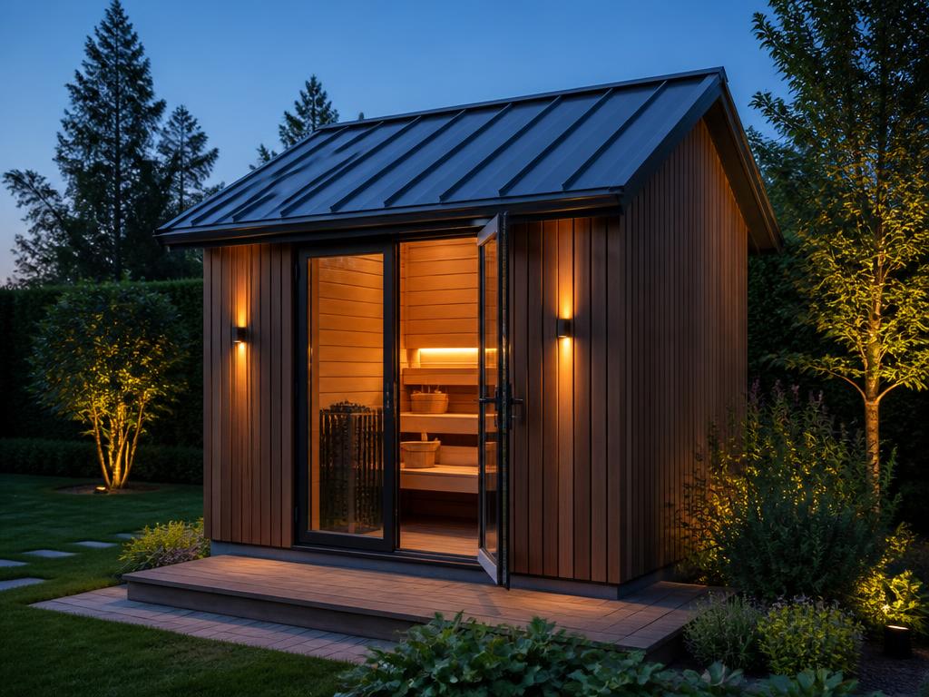 Wolnostojąca sauna ogrodowa GW Garden 240 o zmierzchu