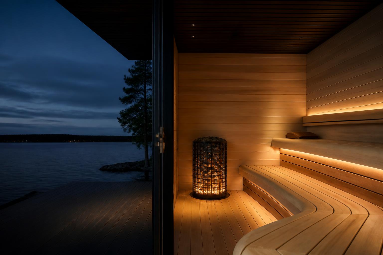Luksusowa sauna fińska GoldenWood z widokiem na jezioro