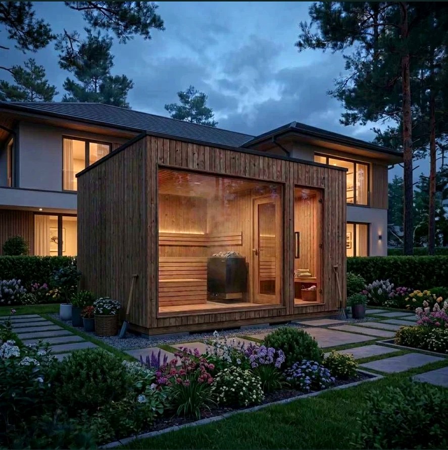 Całoroczna sauna ogrodowa Lord Garden 320 z przedsionkiem i brązowym przeszkleniem o zmierzchu
